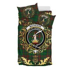 Matheson Hunting Highland Tartan Crest Bedding Set - Golden Thistle Style