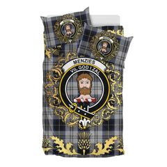 Menzies Black Dress Tartan Crest Bedding Set - Golden Thistle Style