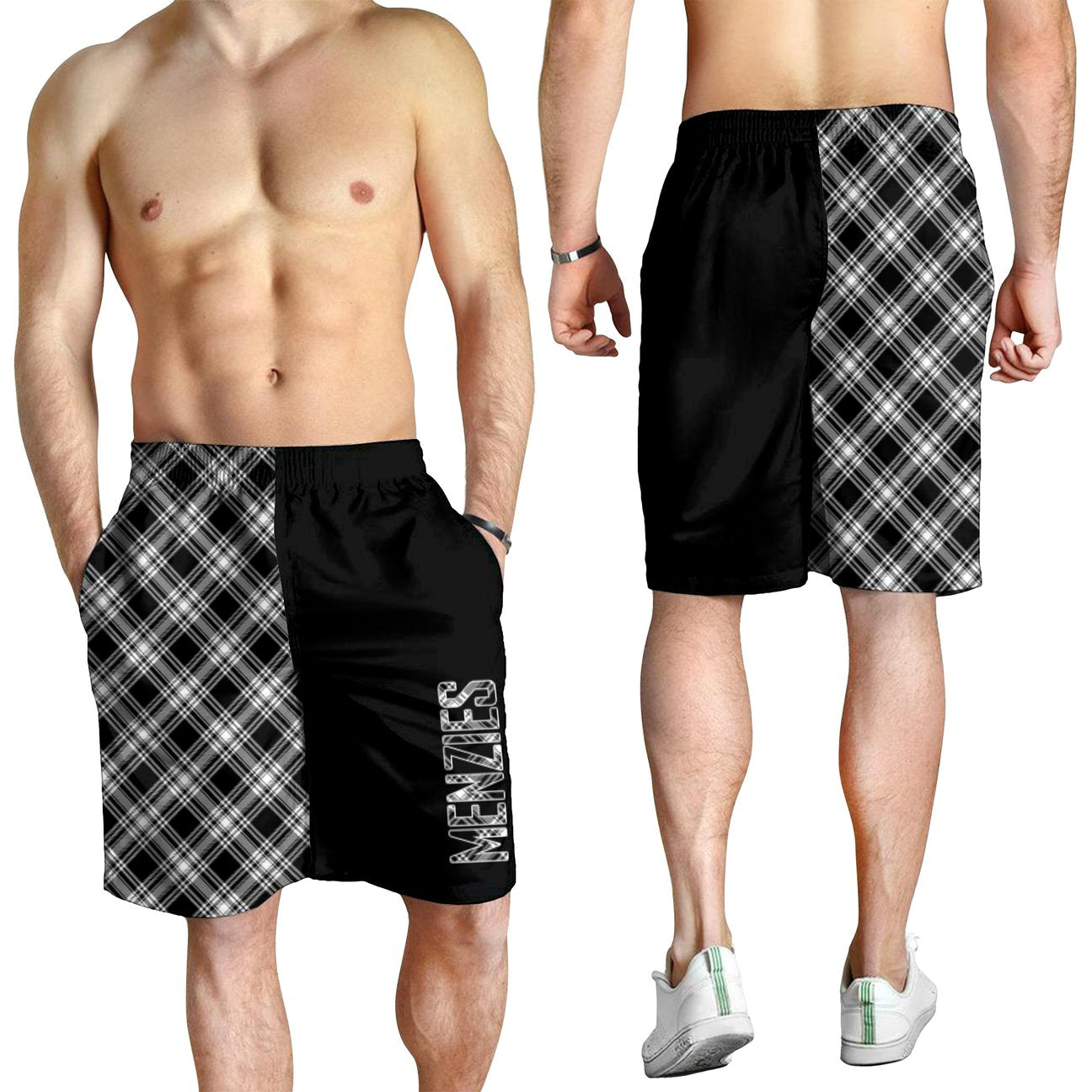 Menzies Black _ White Modern Tartan Crest Men's Short - Cross Style