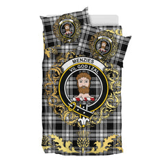 Menzies Black and White Modern Tartan Crest Bedding Set - Golden Thistle Style