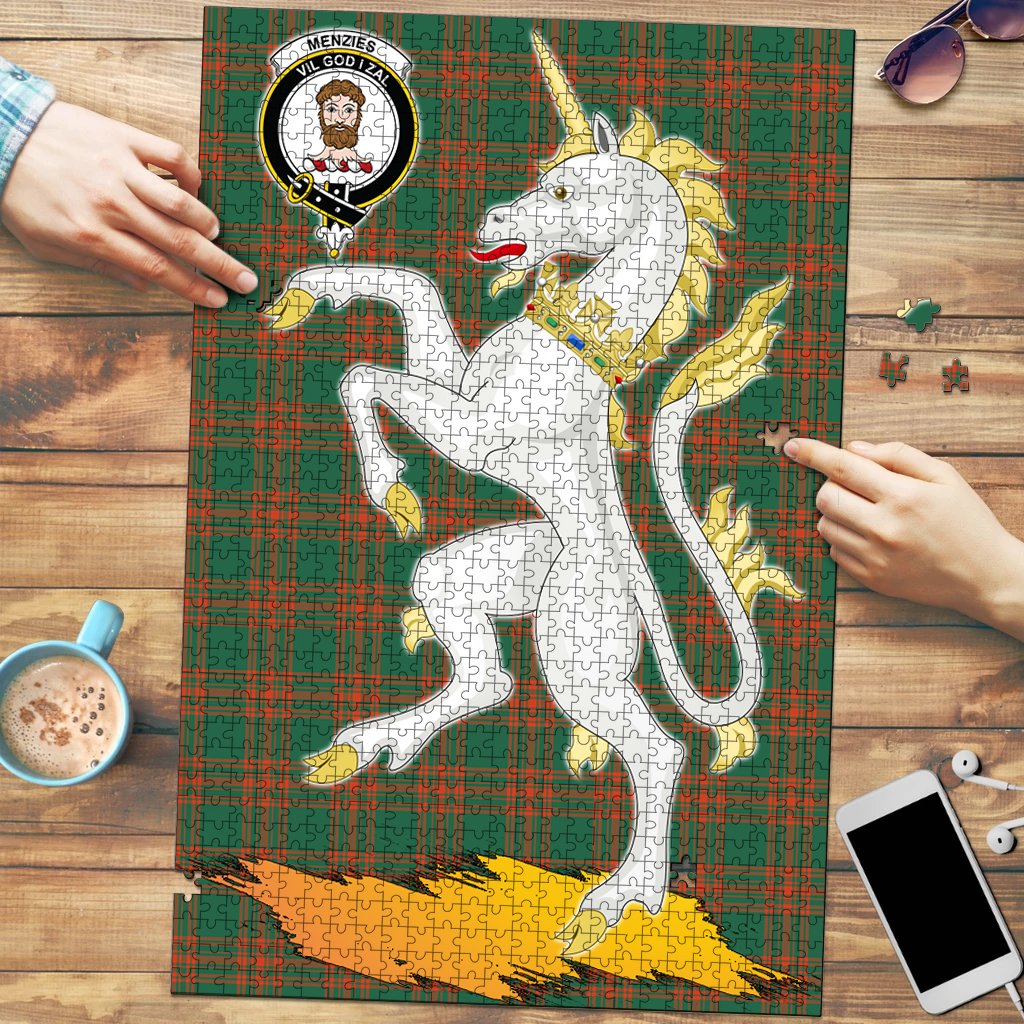 Menzies Green Ancient Tartan Crest Unicorn Scotland Jigsaw Puzzles