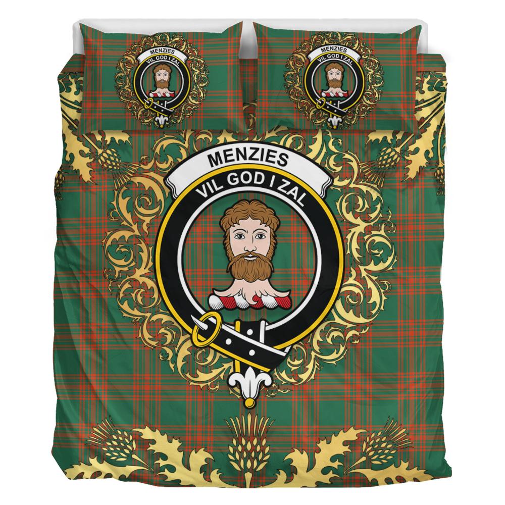 Menzies Green Ancient Tartan Crest Bedding Set - Golden Thistle Style