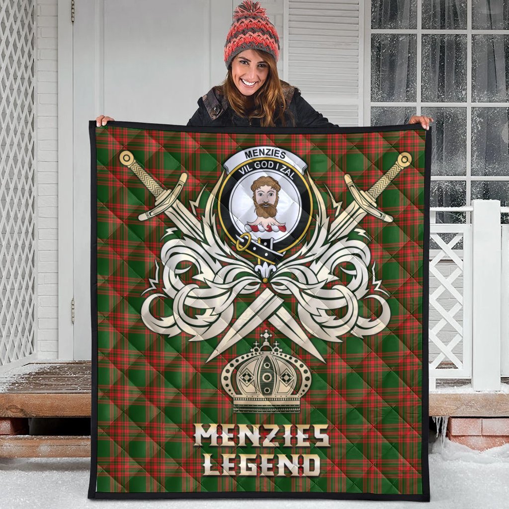 Menzies Green Modern Tartan Crest Legend Gold Royal Premium Quilt