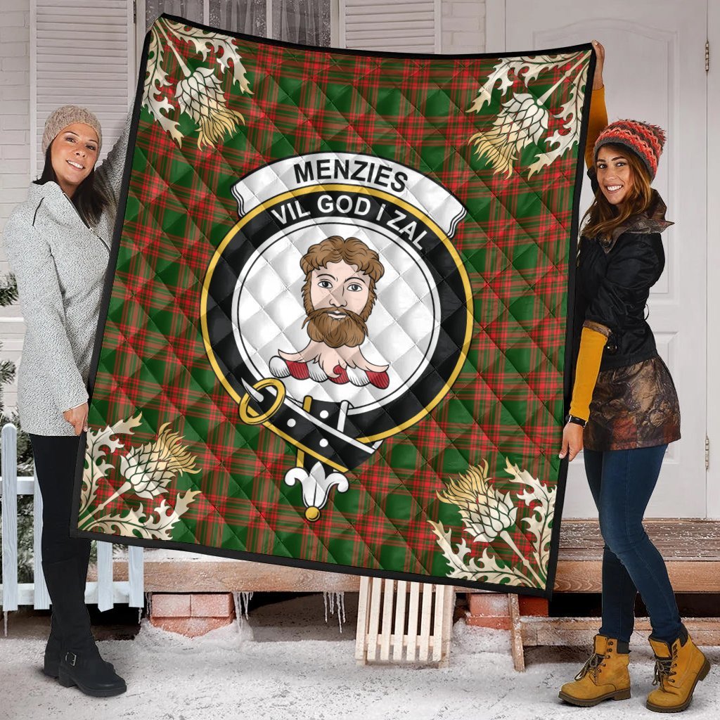 Menzies Green Modern Tartan Crest Premium Quilt - Gold Thistle Style