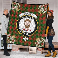 Menzies Green Modern Tartan Crest Premium Quilt - Gold Thistle Style