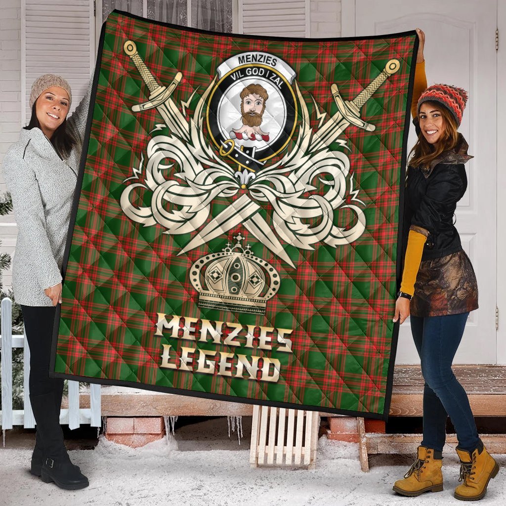 Menzies Green Modern Tartan Crest Legend Gold Royal Premium Quilt