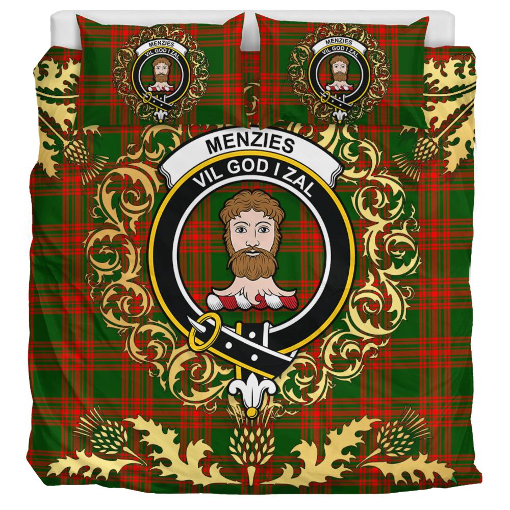 Menzies Green Modern Tartan Crest Bedding Set - Golden Thistle Style