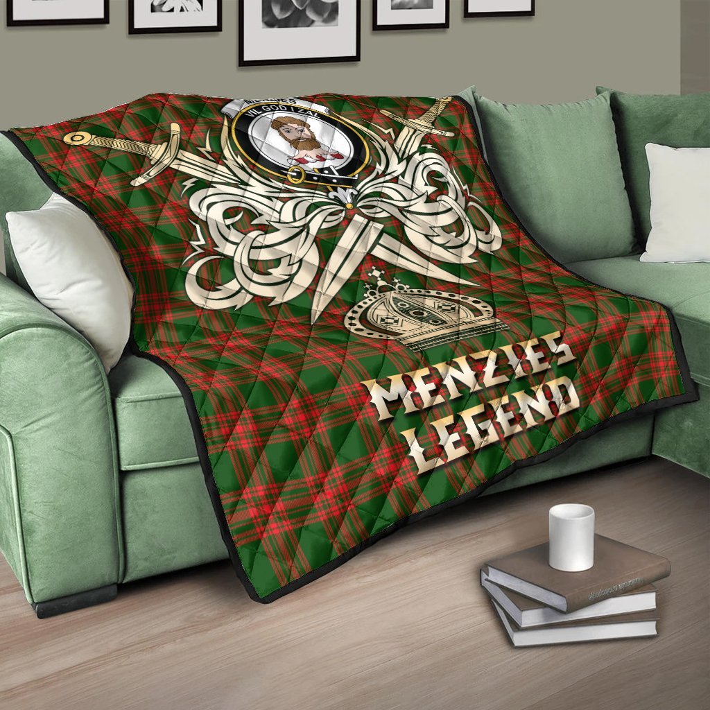 Menzies Green Modern Tartan Crest Legend Gold Royal Premium Quilt