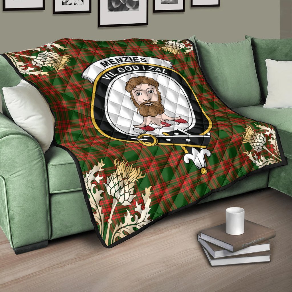 Menzies Green Modern Tartan Crest Premium Quilt - Gold Thistle Style