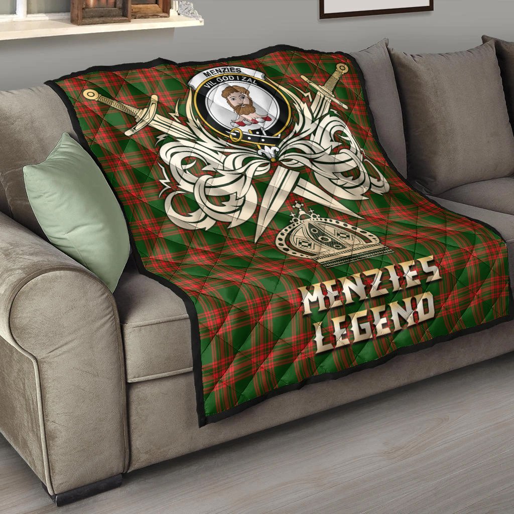 Menzies Green Modern Tartan Crest Legend Gold Royal Premium Quilt