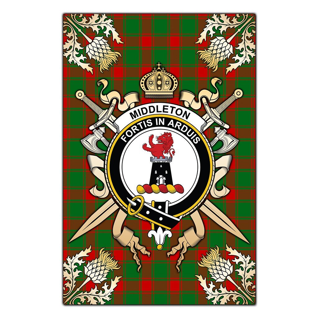 Middleton Modern Tartan Crest Black Garden Flag - Gold Thistle Style