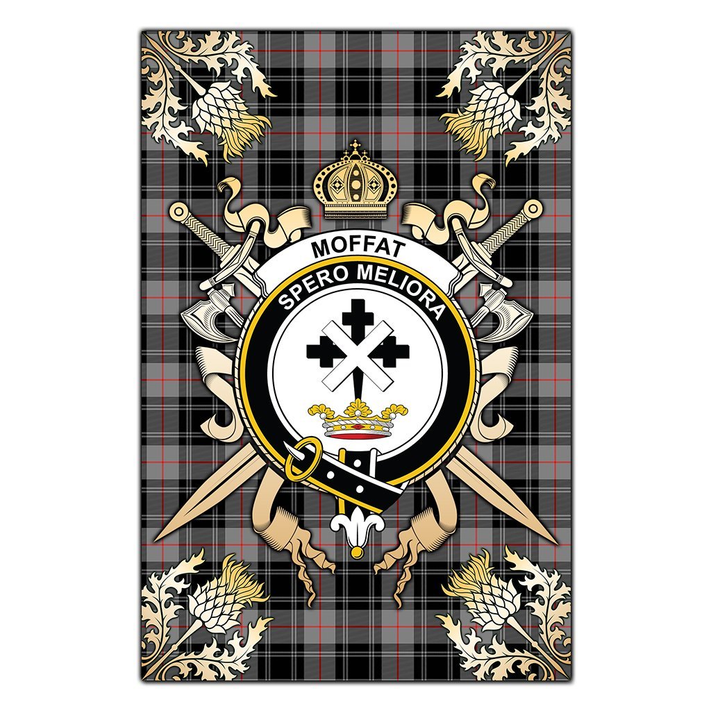 Moffat Modern Tartan Crest Black Garden Flag - Gold Thistle Style
