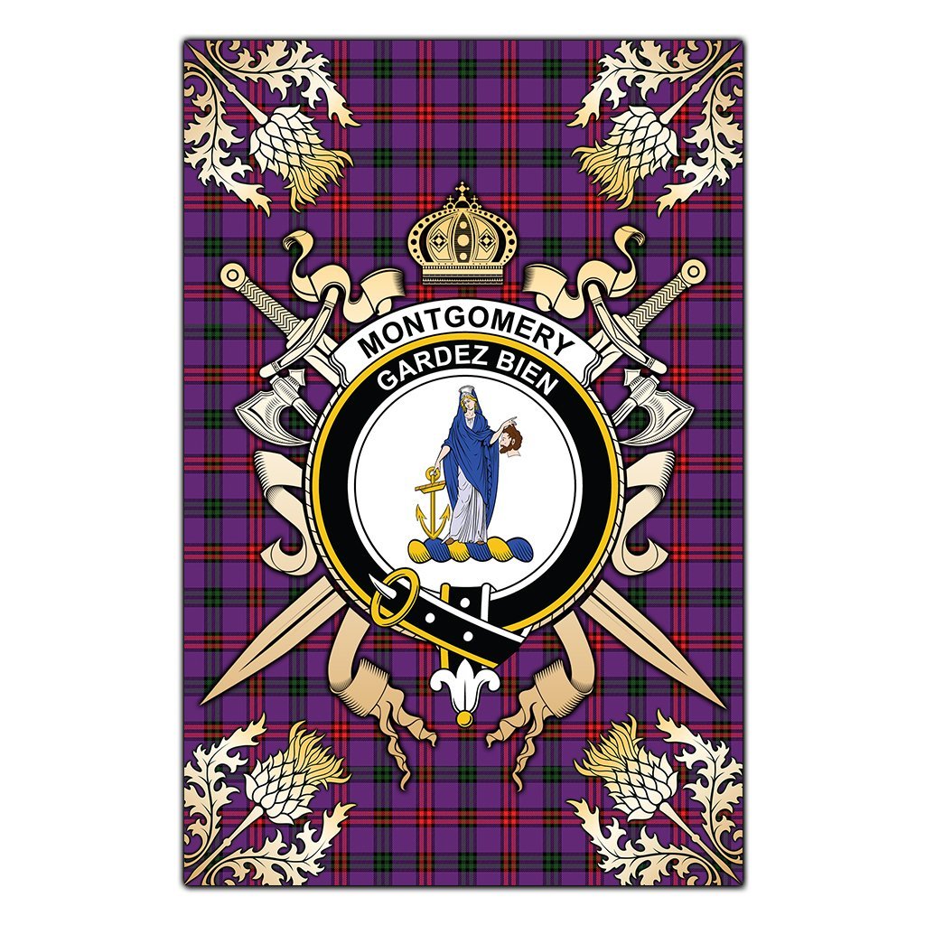 Montgomery Modern Tartan Crest Black Garden Flag - Gold Thistle Style