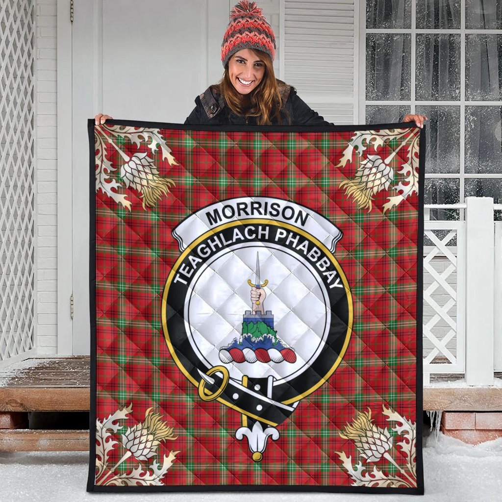 Morrison Red Modern Tartan Crest Premium Quilt - Gold Thistle Style