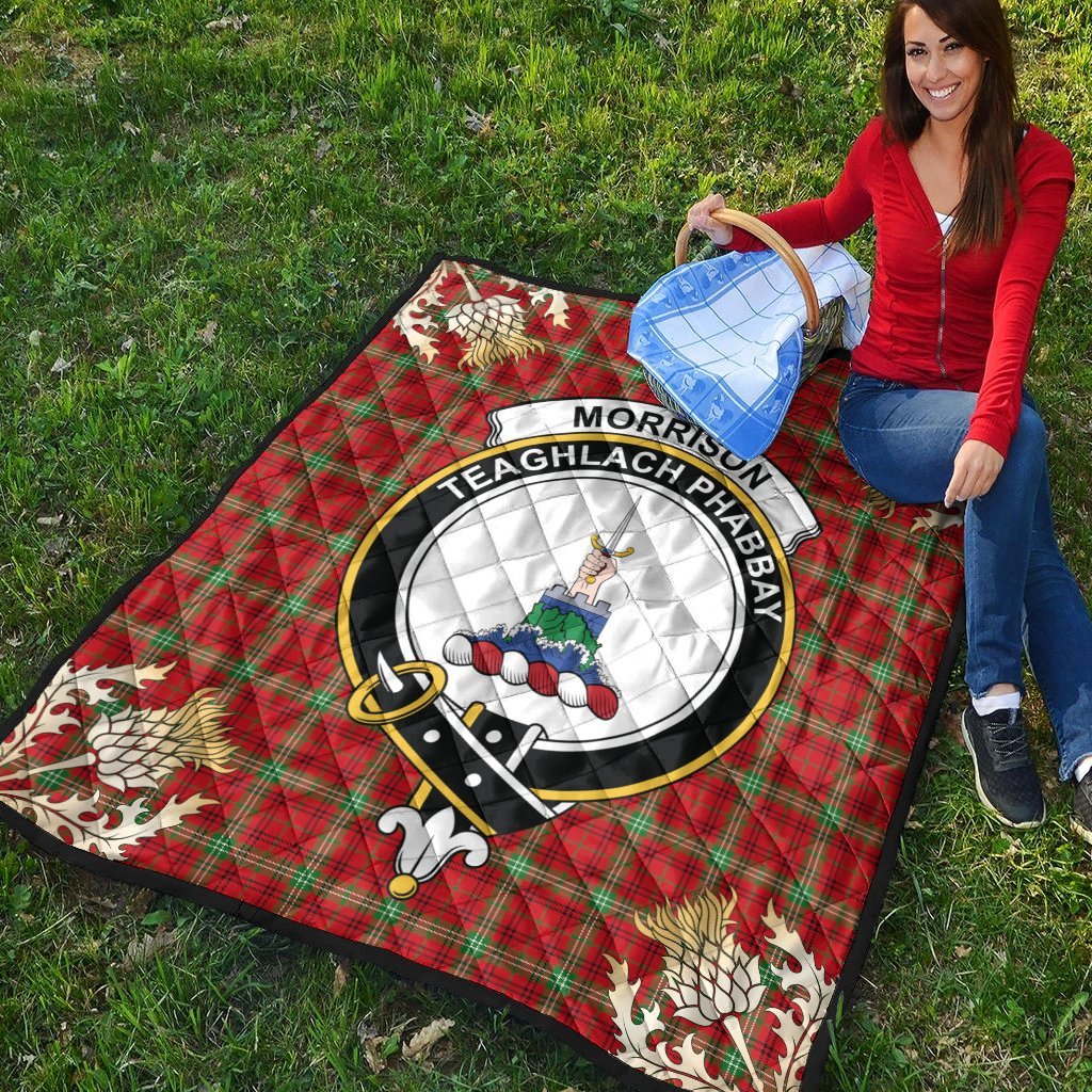 Morrison Red Modern Tartan Crest Premium Quilt - Gold Thistle Style