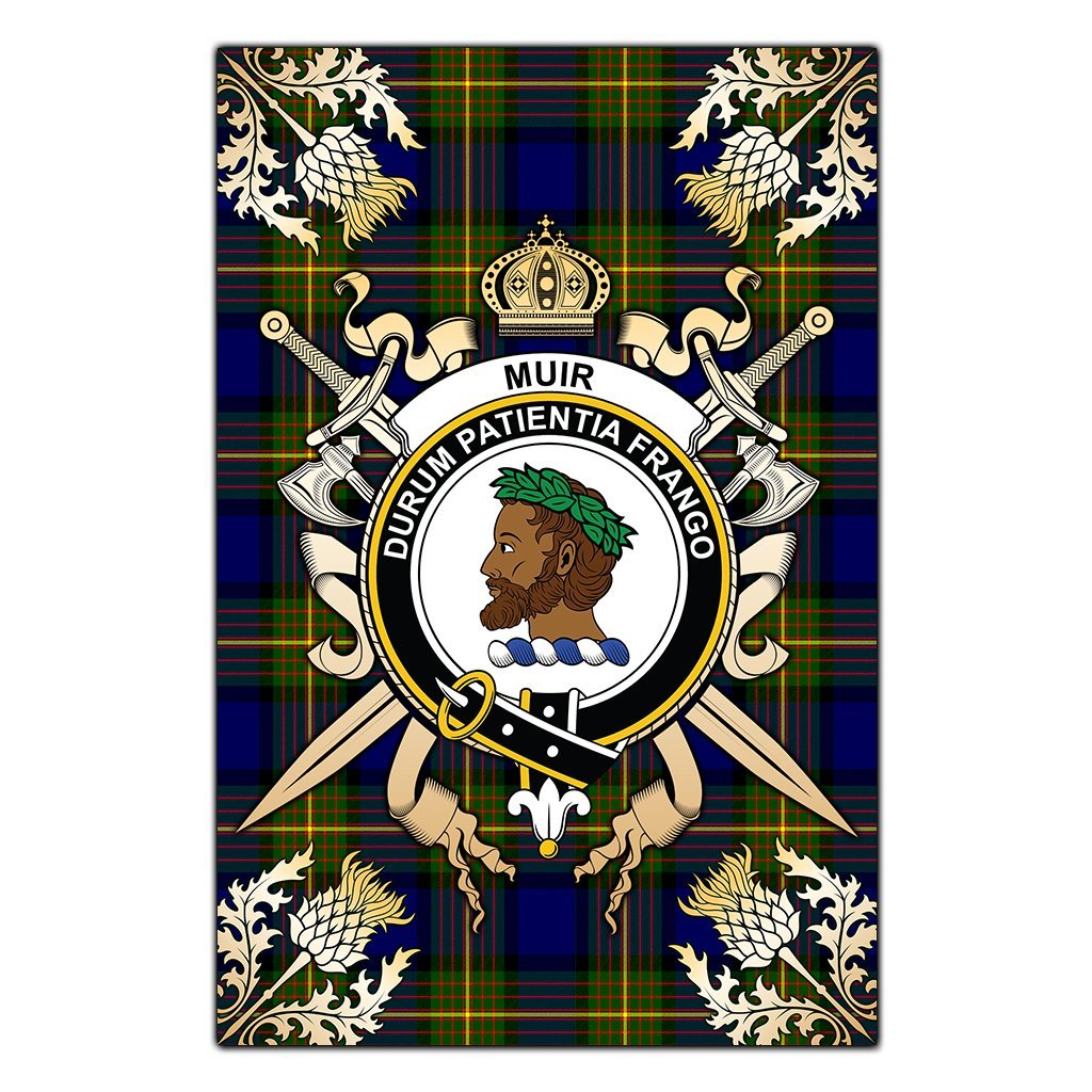 Muir Tartan Crest Black Garden Flag - Gold Thistle Style