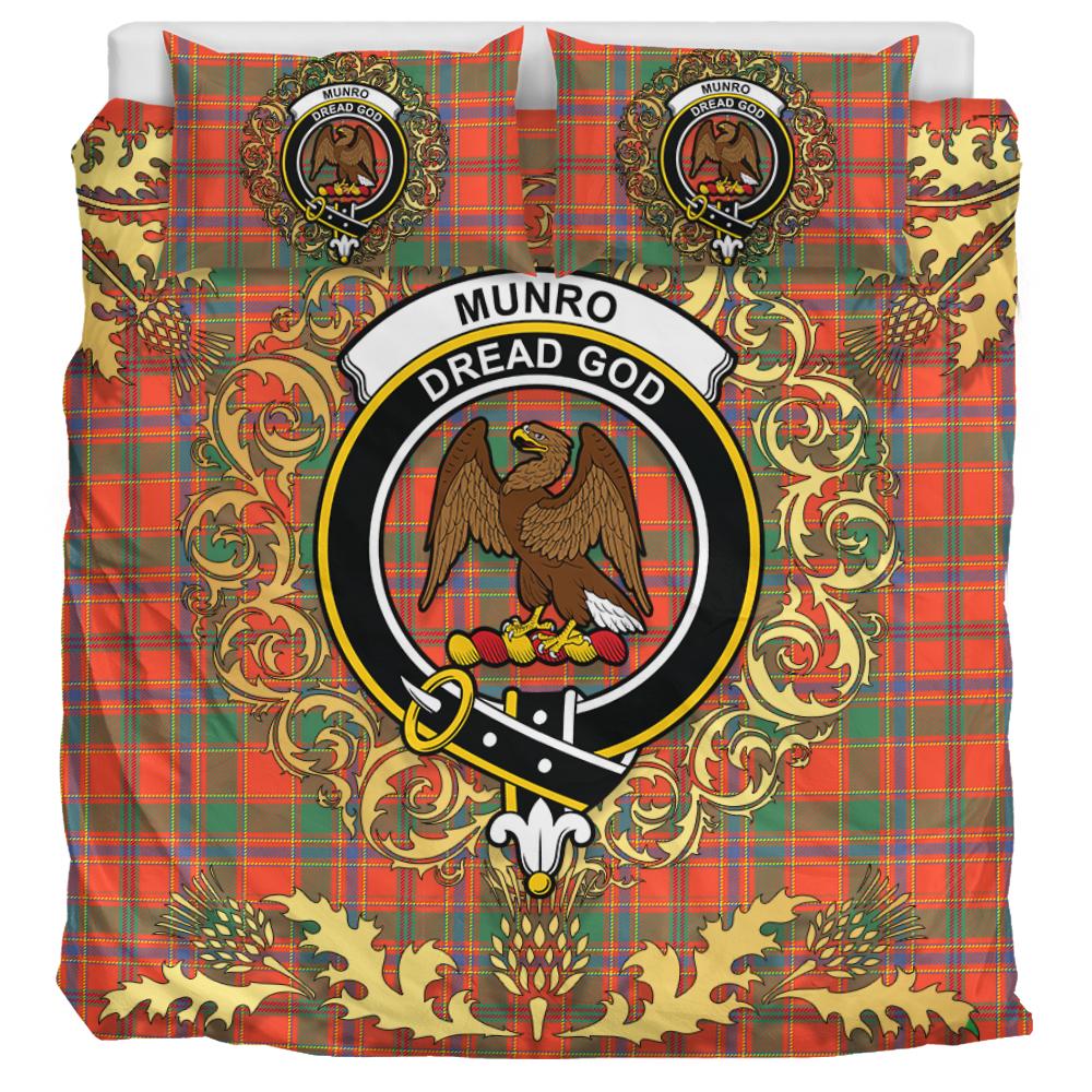 Munro Ancient Tartan Crest Bedding Set - Golden Thistle Style