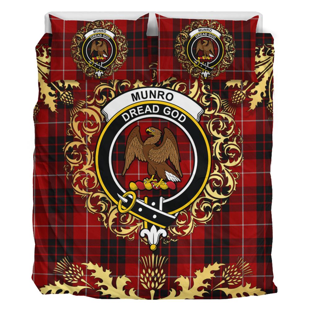 Munro Black and Red Tartan Crest Bedding Set - Golden Thistle Style