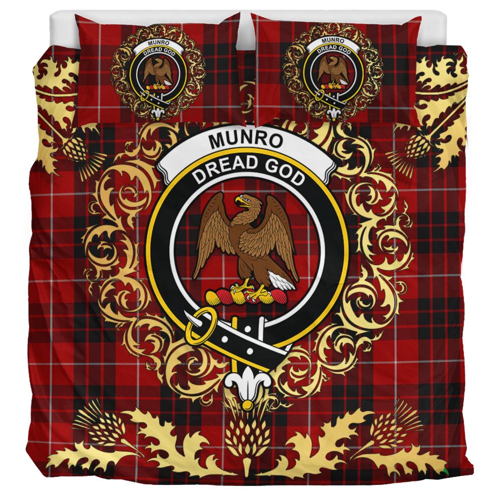 Munro Black and Red Tartan Crest Bedding Set - Golden Thistle Style
