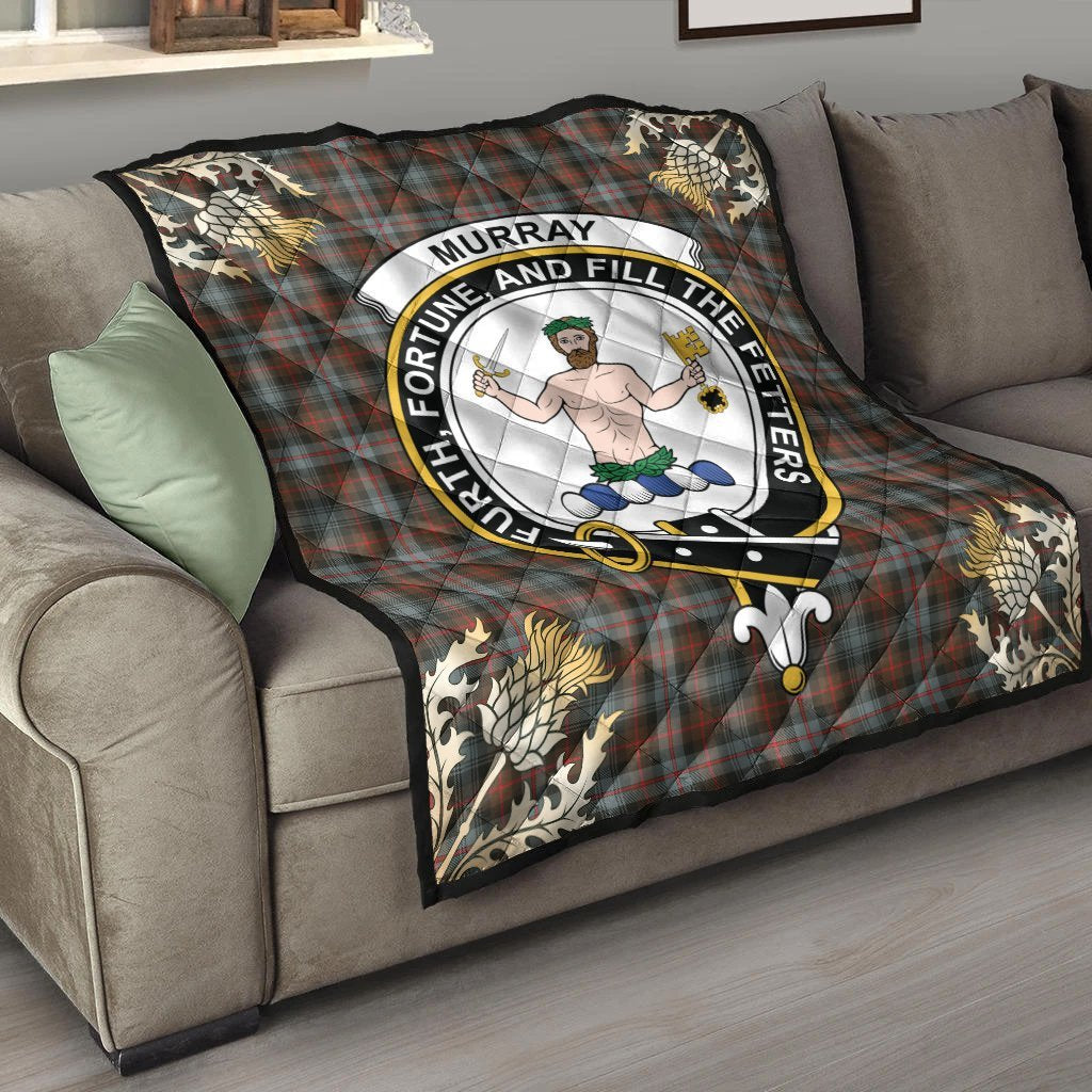 Murray of Atholl Weathered Tartan Crest Premium Quilt - Gold Thistle Style