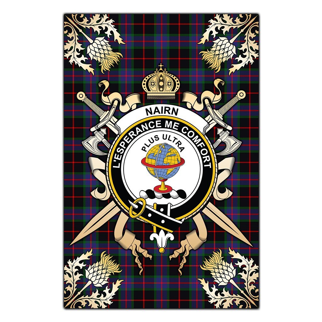 Nairn Tartan Crest Black Garden Flag - Gold Thistle Style