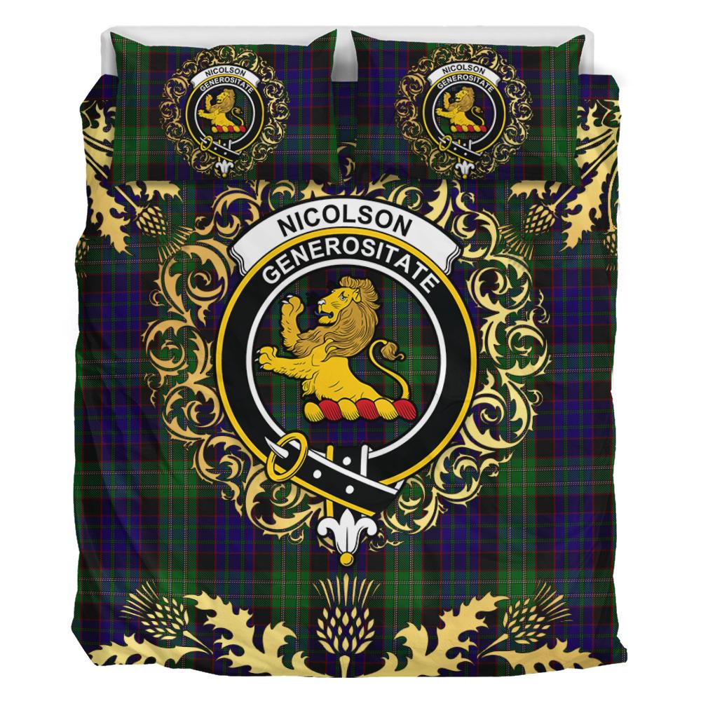 Nicolson Green Hunting Tartan Crest Bedding Set - Golden Thistle Style