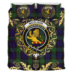 Nicolson Green Hunting Tartan Crest Bedding Set - Golden Thistle Style