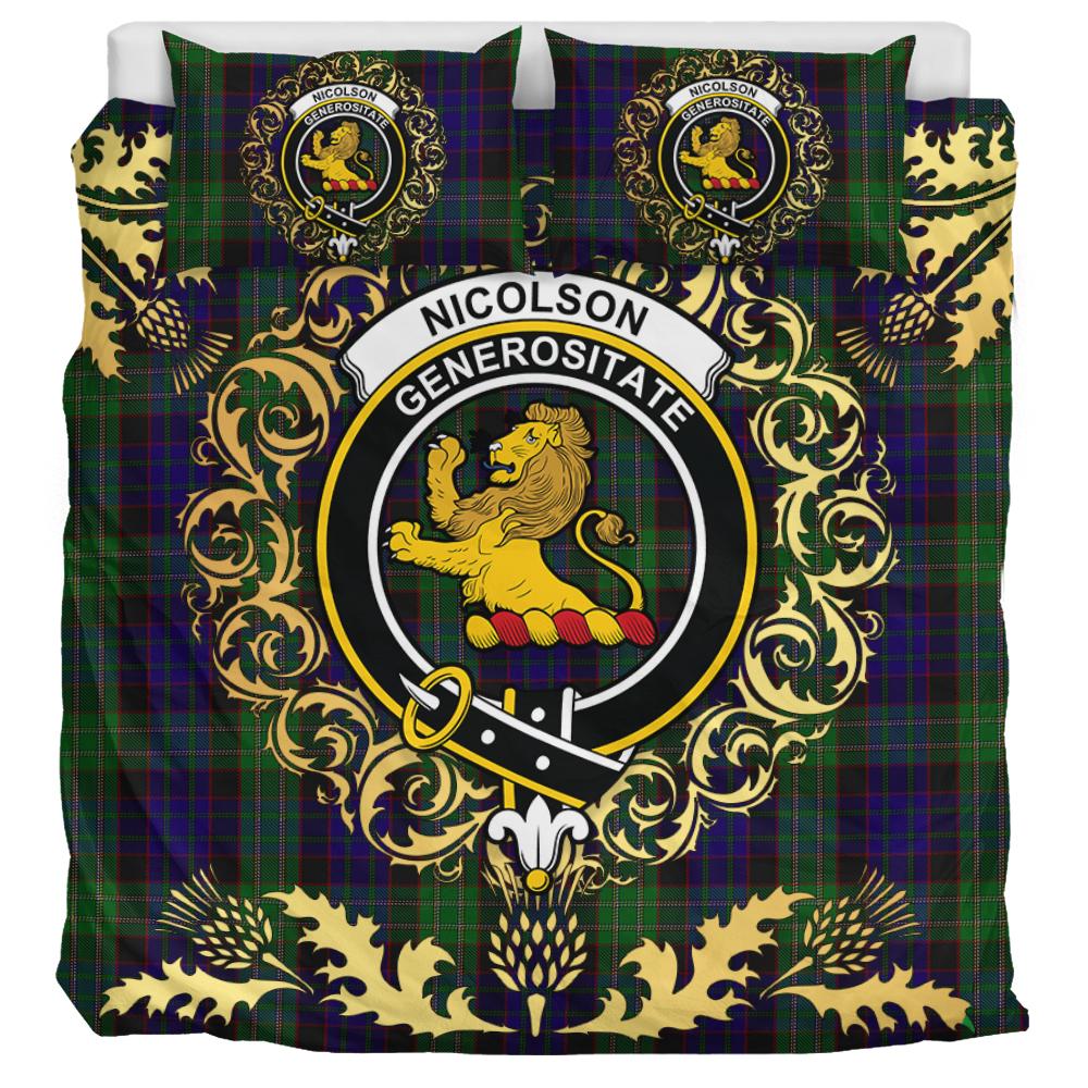 Nicolson Green Hunting Tartan Crest Bedding Set - Golden Thistle Style