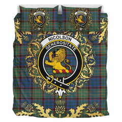 Nicolson Hunting Ancient Tartan Crest Bedding Set - Golden Thistle Style