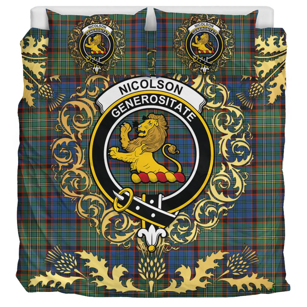 Nicolson Hunting Ancient Tartan Crest Bedding Set - Golden Thistle Style