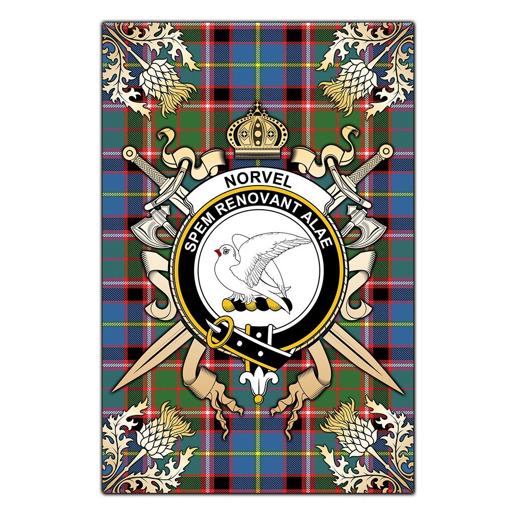 Norvel Tartan Crest Black Garden Flag - Gold Thistle Style