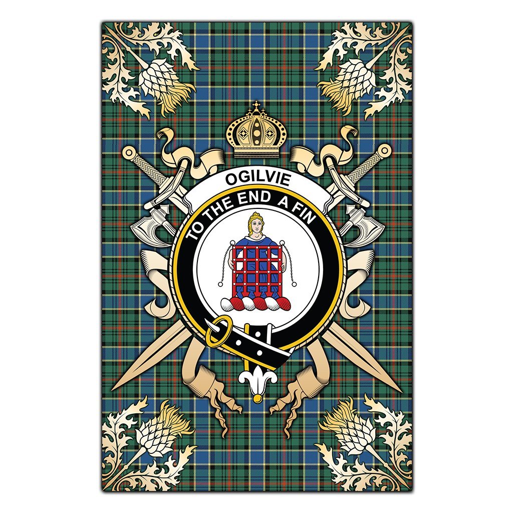 Ogilvie Hunting Ancient Tartan Crest Black Garden Flag - Gold Thistle Style