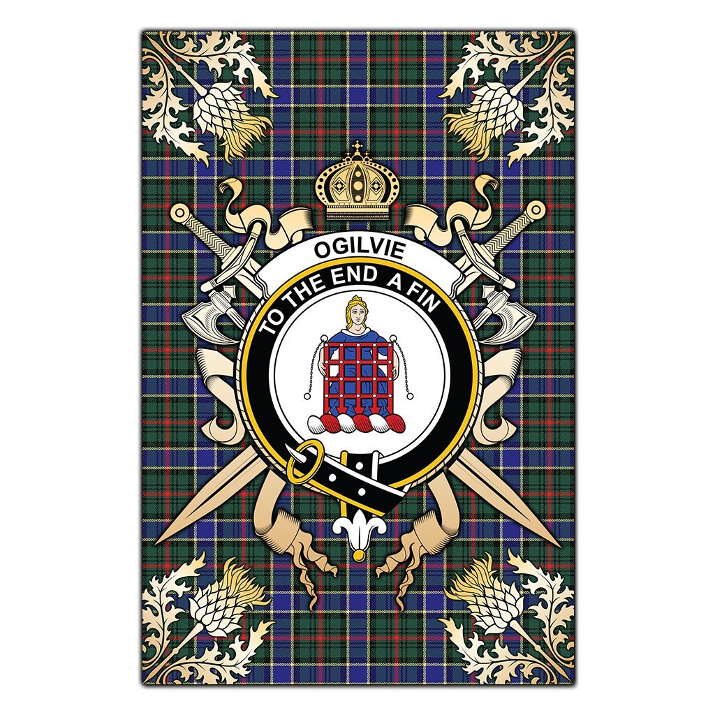 Ogilvie Hunting Modern Tartan Crest Black Garden Flag - Gold Thistle Style