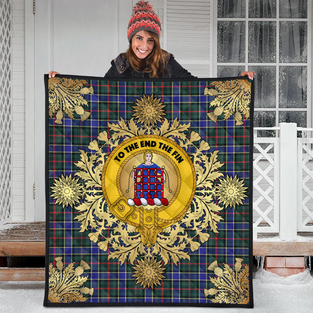 Ogilvie Hunting Modern Tartan Crest Premium Quilt - Gold Thistle Style