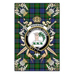 Paterson Tartan Crest Black Garden Flag - Gold Thistle Style