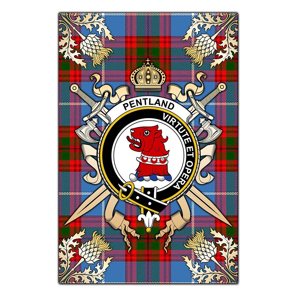 Pentland Tartan Crest Black Garden Flag - Gold Thistle Style