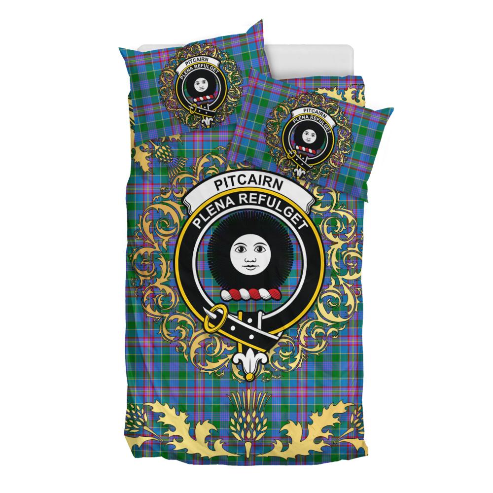Pitcairn Hunting Tartan Crest Bedding Set - Golden Thistle Style