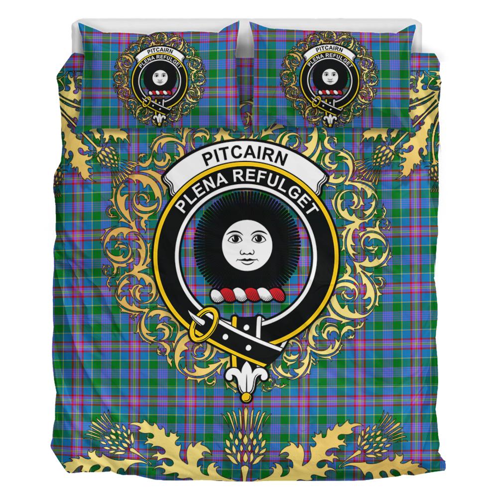 Pitcairn Hunting Tartan Crest Bedding Set - Golden Thistle Style