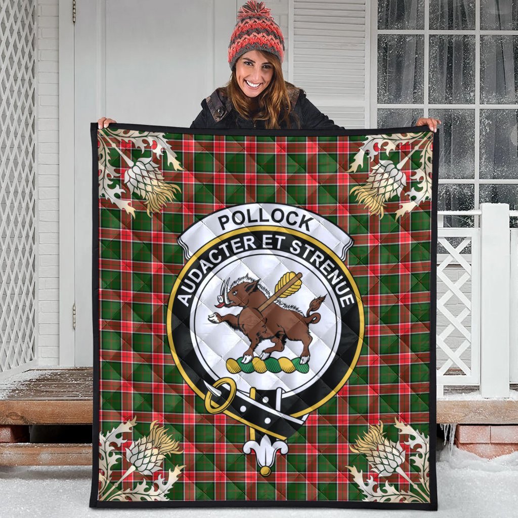 Pollock Modern Tartan Crest Premium Quilt - Gold Thistle Style