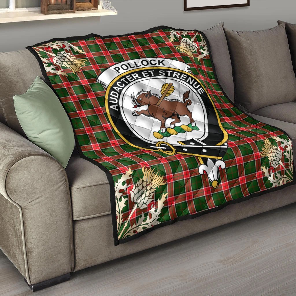 Pollock Modern Tartan Crest Premium Quilt - Gold Thistle Style