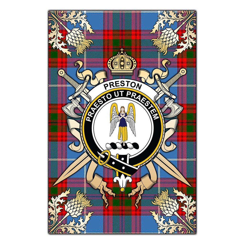 Preston Tartan Crest Black Garden Flag - Gold Thistle Style