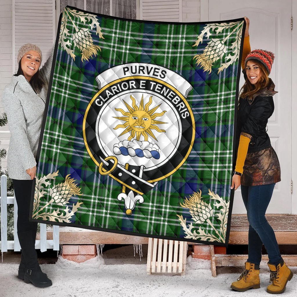 Purves Tartan Crest Premium Quilt - Gold Thistle Style