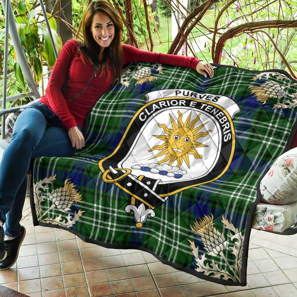 Purves Tartan Crest Premium Quilt - Gold Thistle Style