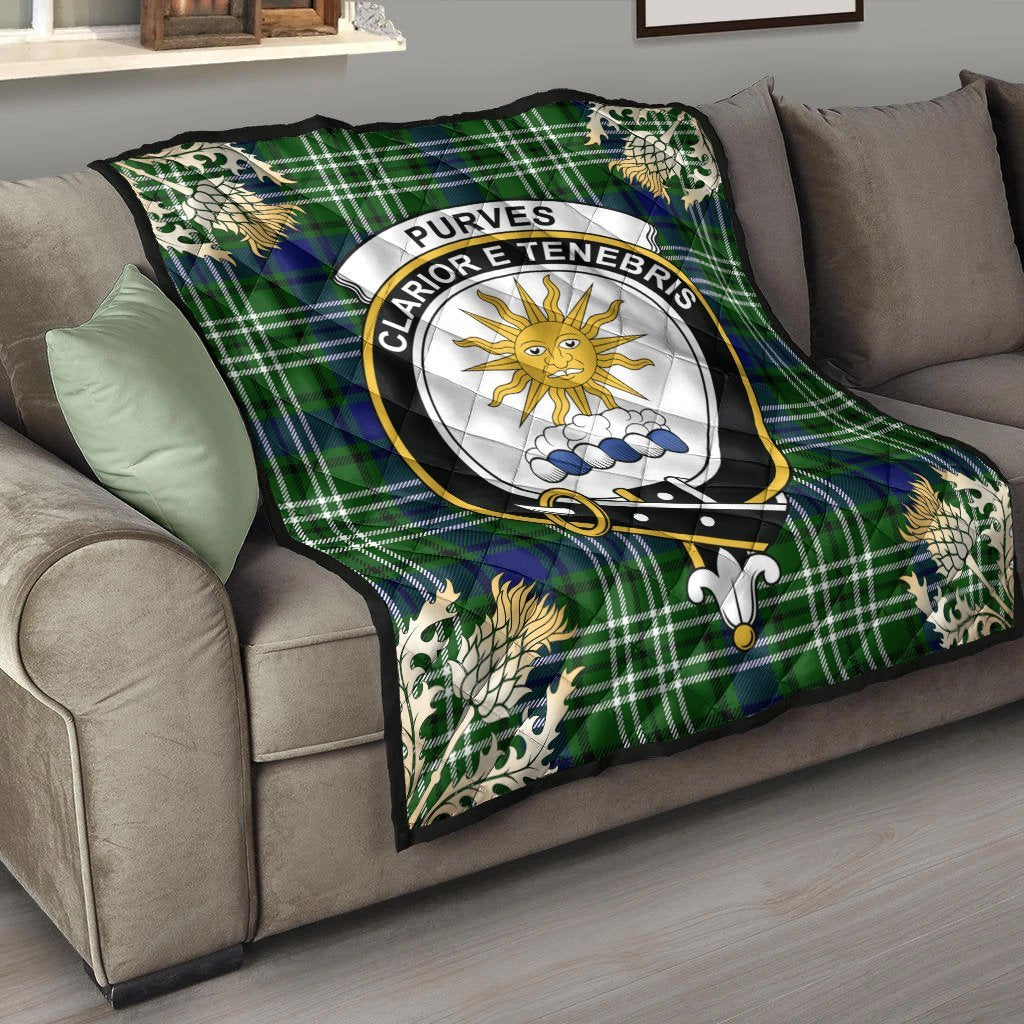 Purves Tartan Crest Premium Quilt - Gold Thistle Style