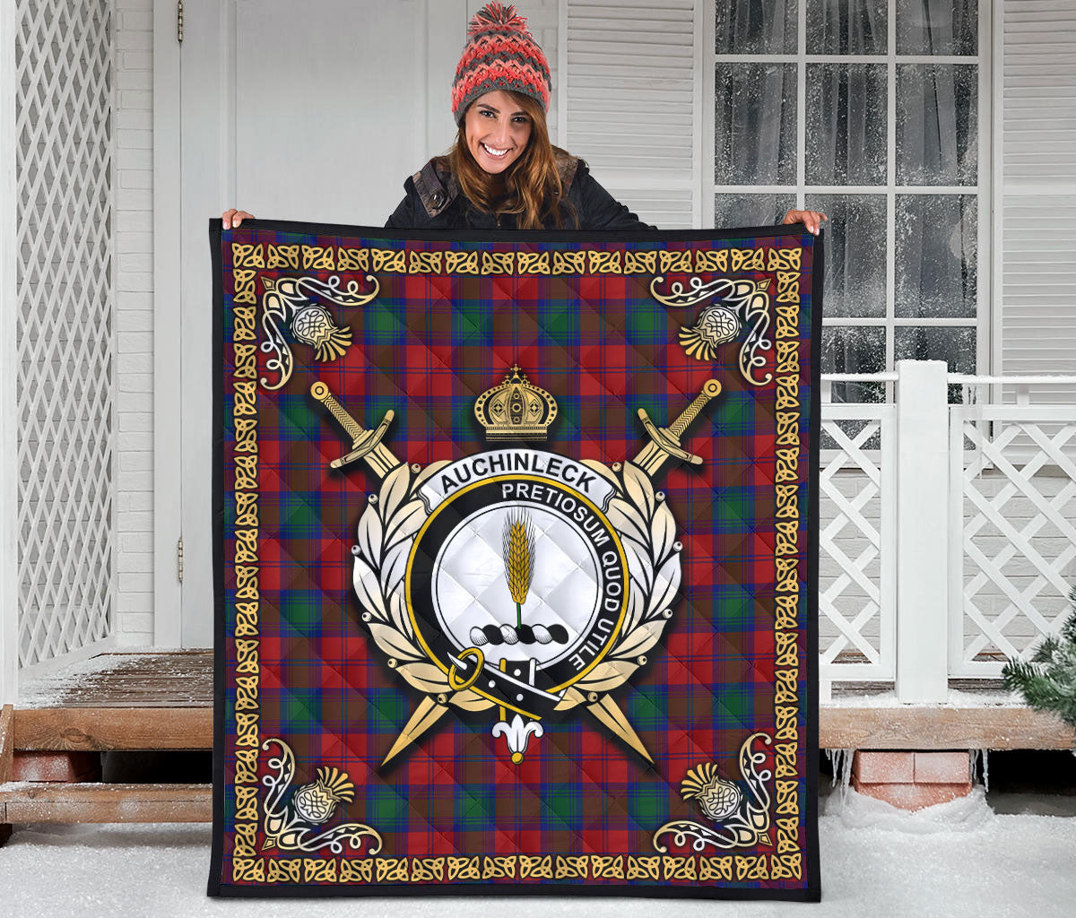 Auchinleck Tartan Crest Premium Quilt - Celtic Thistle Style