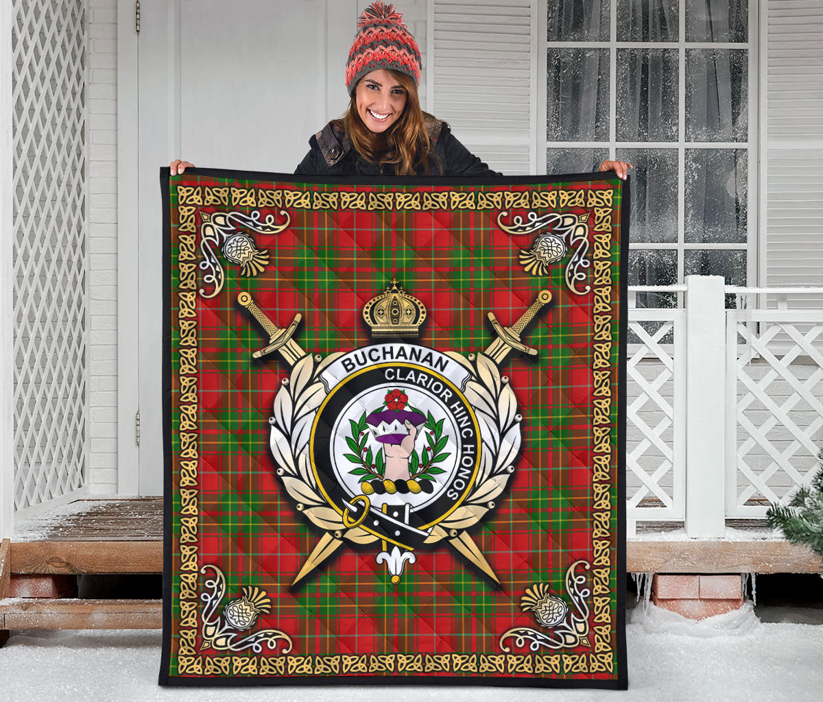 Burnett Ancient Tartan Crest Premium Quilt - Celtic Thistle Style