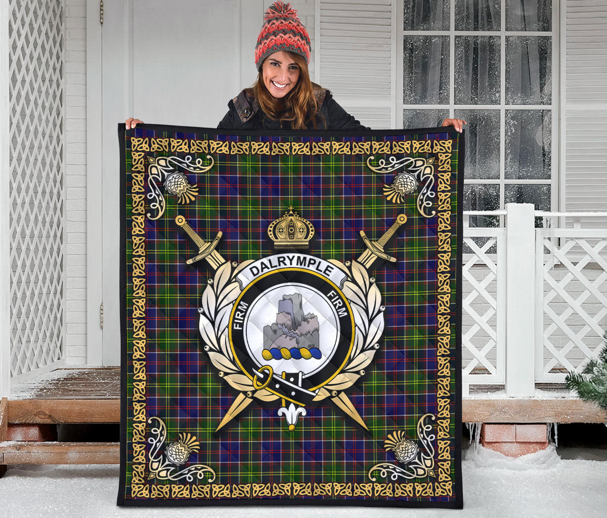 Dalrymple Tartan Crest Premium Quilt - Celtic Thistle Style