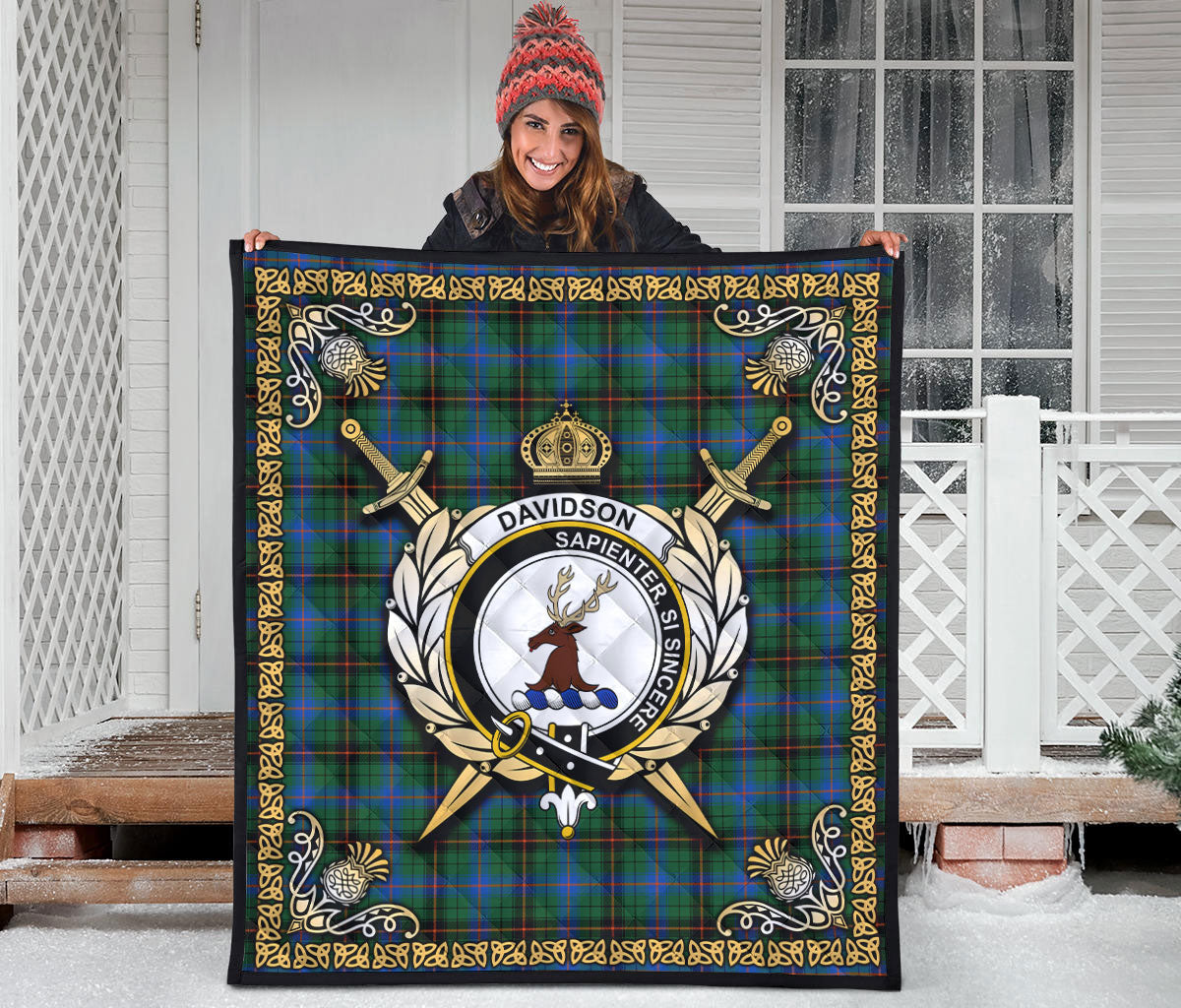 Davidson Ancient Tartan Crest Premium Quilt - Celtic Thistle Style