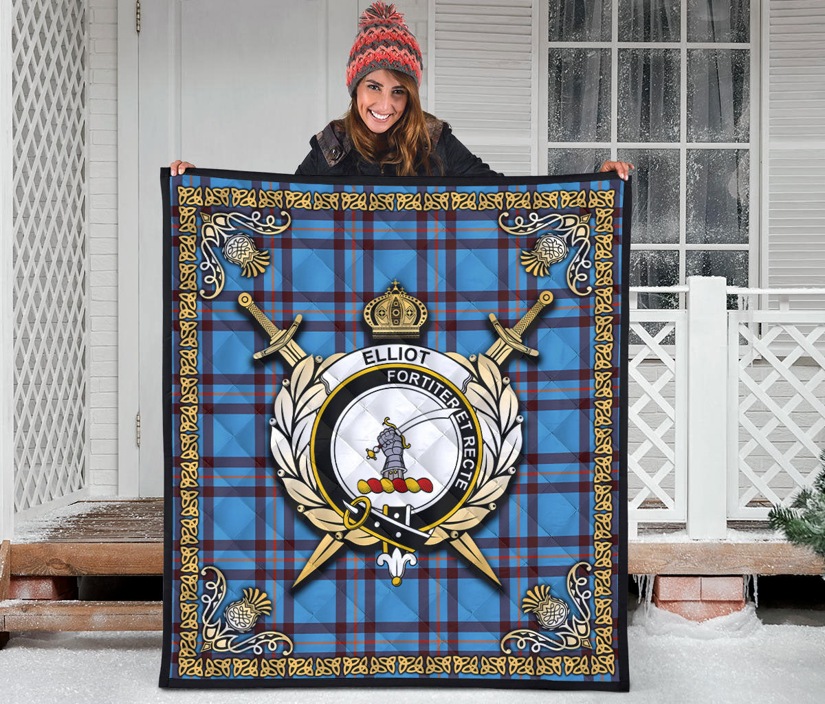 Elliot Ancient Tartan Crest Premium Quilt - Celtic Thistle Style