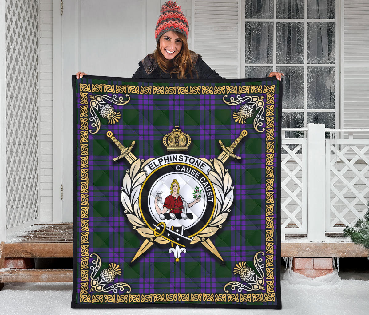 Elphinstone Tartan Crest Premium Quilt - Celtic Thistle Style